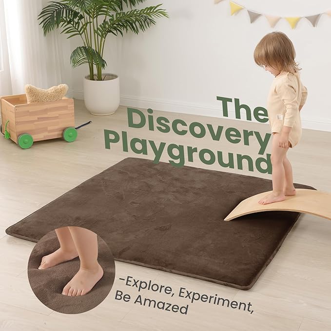 Baby Play Mat for Floor,1.3" Thick Elasti-Foam 50"×50" Playpen Mat for Tummy Time,Water Repellent Soft Coral Velvet for Toddler,Infant,Kids,Non-Slip Backing Safe for Crawling(Dark Brown)