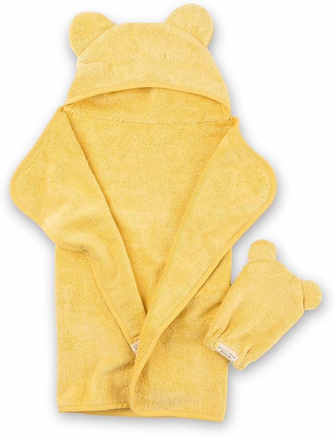 Bella Tunno Baby Bath Towel and Wash Mitt Set – Soft Absorbent Hooded Towels and Mitt-Style Baby Washcloths, Oeko-TEX Certified (Sunshine)