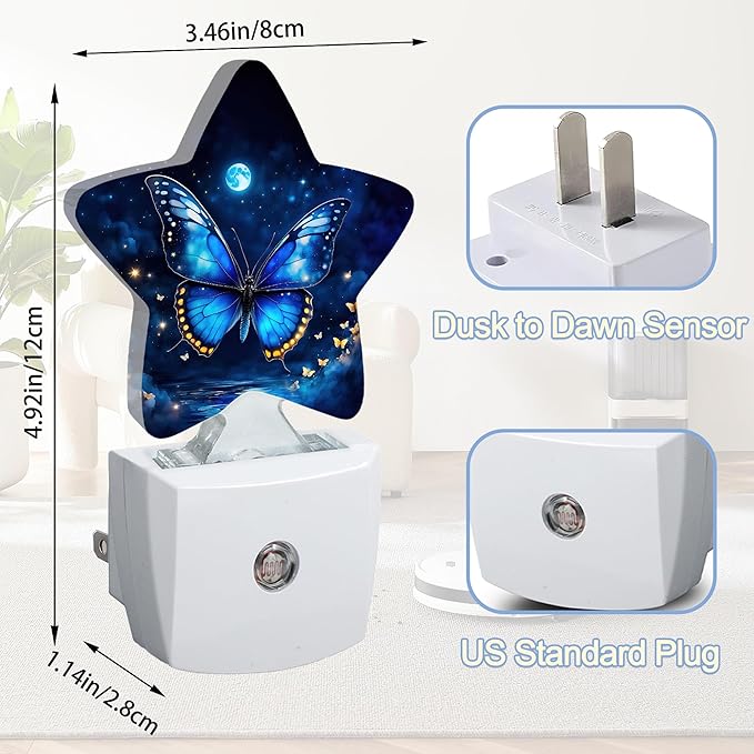 Blue Butterfly Moon Dusk to Dawn Star Night Light,Starry Sky Smart Sensor Nightlight for Bedroom Kitchen Hallway Stairs,Plug-in Energy Efficient Decor Desk Lamp Women Men Gifts