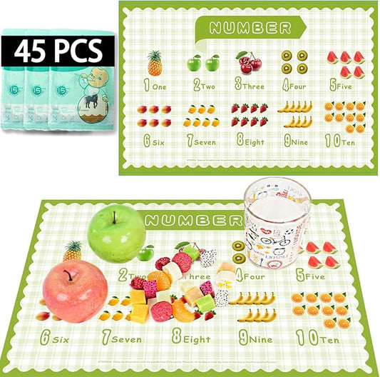 45 Pack Sticky Disposable Placemats for Baby & Toddlers,Cute Number Fruit Toddler Placemat 12"x18" Kids Table Mat for Party,Picnic Table,Restaurants Dining Table Travel Essentials for Toddlers