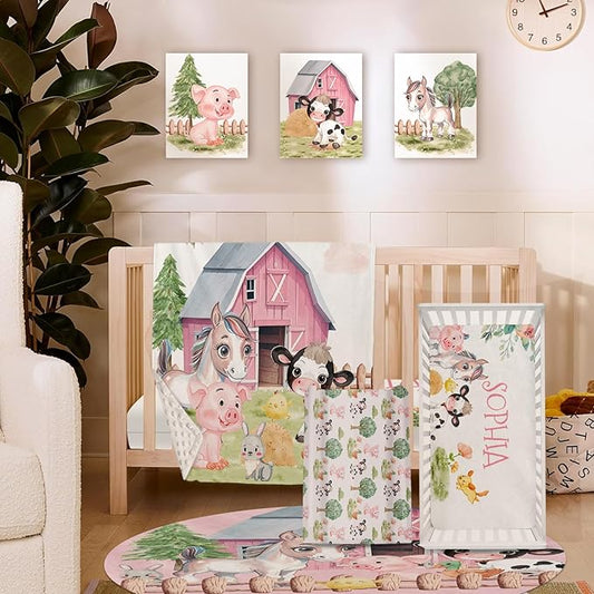 Personalized Nursery Crib Bedding Set: Custom Name 5 Piece Baby Crib Sets with Animal House Design - Toddler Double Layer Blanket Set, Comfortable Crib Bed Sheets for Baby Grils