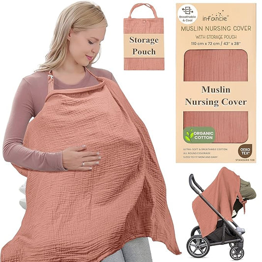 Premium Organic Breathable Muslin Nursing Cover for Breastfeeding - Privacy Breast Feeding Covers for Women - Multi-Use Nursing Cover Up - Soft & Lightweight Breastfeeding Covers (Rust)