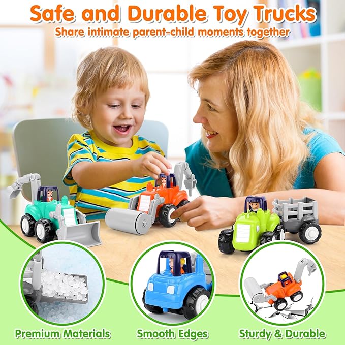 Inertia Trucks Toy Cars, Early Educational Baby Boy Toys 18 Months, Push and Go Cars Gifts for Boys & Grils, 4PCS Construction Vehicles for Toddler Outdoor & Indoor
