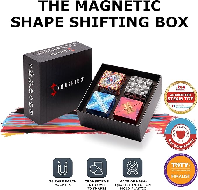 SHASHIBO Gift Box of 4- The Shape Shifting Box (36 Rare Earth Magnets) STEM/STEAM Fidget Geometric 3D Magnetic Transforming Magnetic Box Magic Cube