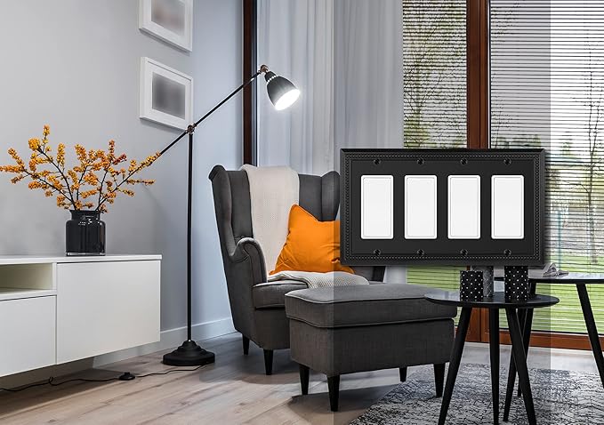 Henne Bery Sunken Pearls Heavy Duty Decorative Wall Plate Switch Plate Outlet Cover (Quad Decorator, Matte Black)