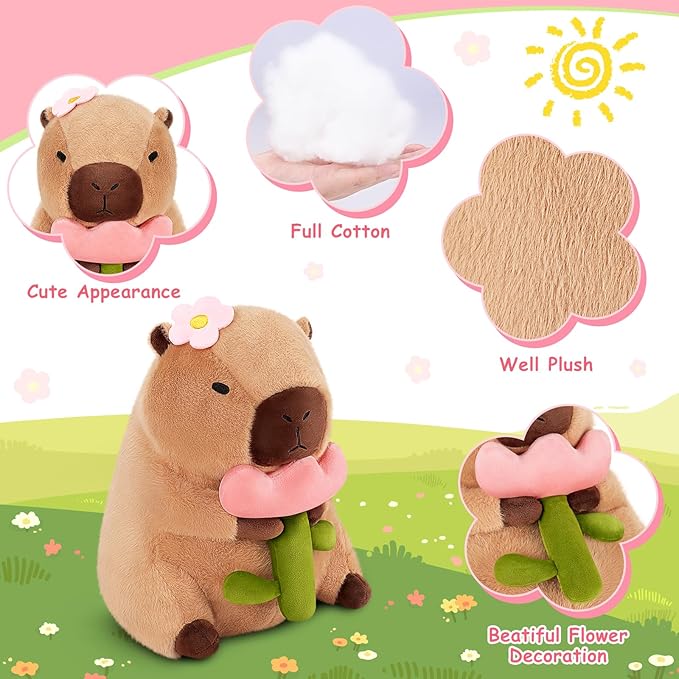 Achwishap Capybara Plush,Cute Plushies Capybara Stuffed Animals,Capybara Plush Toys,Kawaii Plushie Stuffed Toy with Flower Plushies Gift for Kids Adults Birthday(Capybara with Holding Flower,12”)
