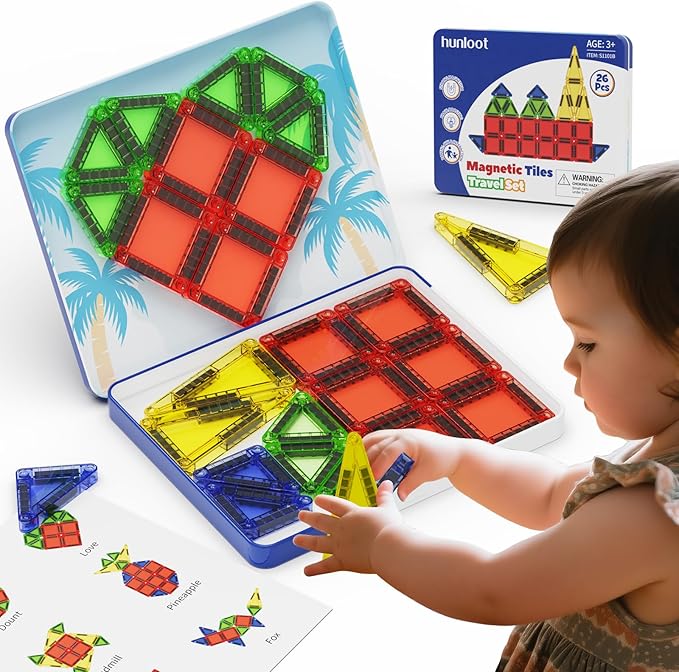 Magnetic Tiles Mini Building Blocks STEM Toys for 3-8 Year Olds,Travel-Friendly Set with Storage Iron Box,Educational Construction Playset for Toddlers,Birthday Gift for Boys & Girls