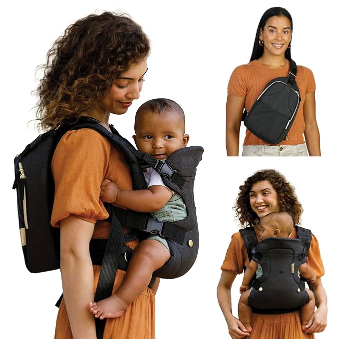 Infantino Flip 4-in-1 Convertible Baby Carrier & Crossbody Diaper Bag - Grow-with-Me Carrier with Attachable Crossbody Diaper Bag, Black and Gold, 2-Piece Set