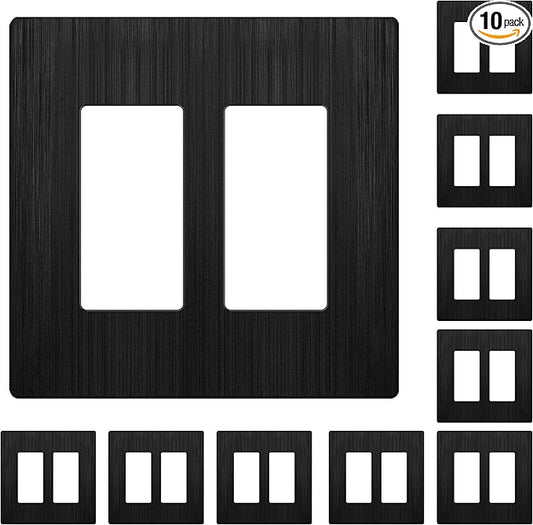 LIDER Brushed Finish Double Decorator Switch Cover, Screwless Wall Plate, Mid-Size 2-Gang 4.88" x 4.92", Unbreakable Polycarbonate Thermoplastic, UL Listed, LSWP-32M-BBK10P, Brushed Black, 10 pack