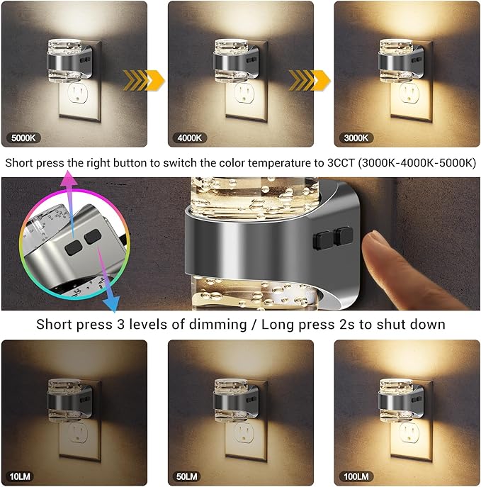 JandCase LED Night Light, Bubble Night Lights Plug into Wall, [2 Pack]Night Light3000K/4000K/5000K & 3 Brightness Levels, Dimmable Nightlight with Dusk to Dawn Sensor for Bathroom Hallway Bedroom