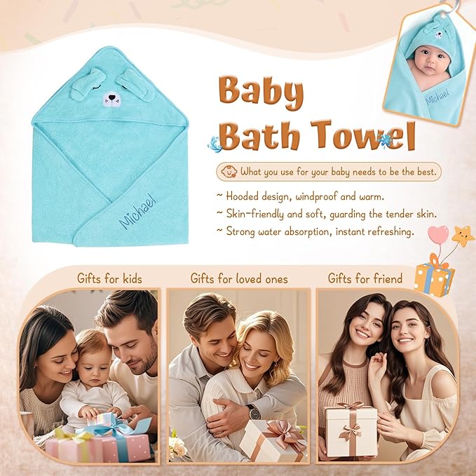 Personalized Baby Towels for Newborn Custom Embroidery Name Hooded Baby Bath Towels for Boy Girl Newborn Essentials Must Haves Shower Gift Soft Coral Velvet 30"x30" (Blue)