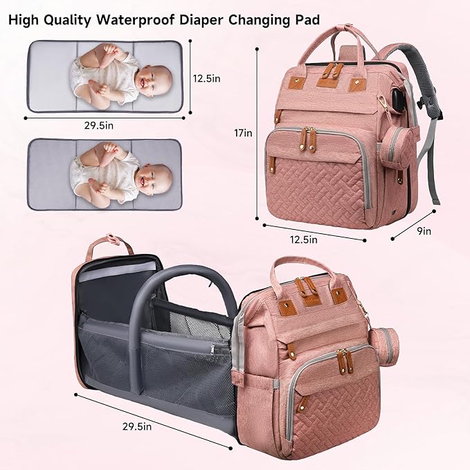 Baby Diaper Bags with Changing Station, Large Capacity Diaper Bag Backpack for Moms Dads with USB Charging Port,Travel Baby Bag with Pacifier Case & Stroller Straps(Up-Pink)