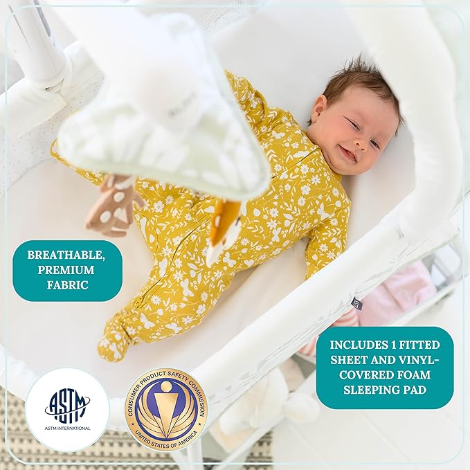 Baby Sweetli Calm Infant Bassinet Bedside Crib Sleeper with Cry Recognition, Electric Mobile with Deluxe Toys, Music, Nightlights, Vibration (Wheat Melange)