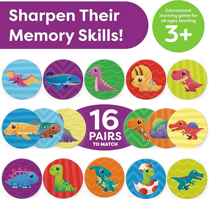 Dinosaur Toys for Kids 3-5 Matching Game - 32pc Dinosaur Games for Kids Memory Game - Kindergarten Preschool Educational Toys - Gifts for 3 Year Old Boys & Girls