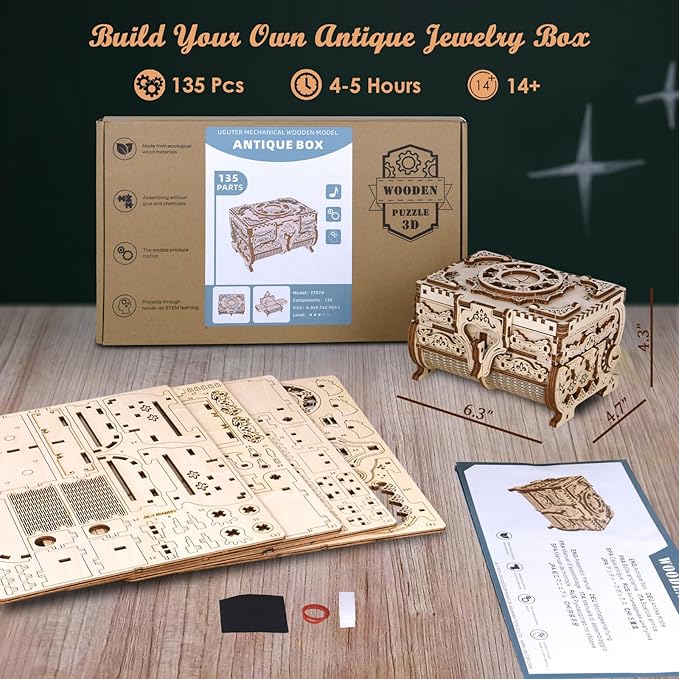 3D Wooden Puzzle for Adults Jewelry Box, DIY Mechanical Treasure Case, Decorative Jewelry Storage Kit, Vintage Laser Cut Model Craft, for Christmas, Birthday