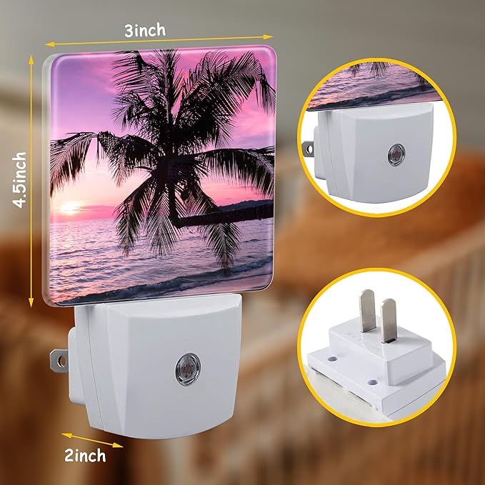 Purple Sunset with Palm Tree Plug Night Light,Tropical Beach Night Light Lamp Auto Sensor Energy Efficient Dusk to Dawn Lights for Girls Boys Women Room Decor,Hallway,Kitchen,Bathroom,Nursery,Stairs