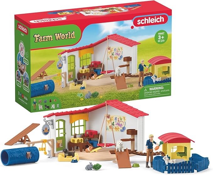 Schleich Farm World - 54PC Baby Animal Hotel Playset with Cute Pets, Caretaker and Movable Accessories - Realistic Animal Figurine Play Set - Fun Educational Toys for Kids and Toddlers Ages 3+| 42607