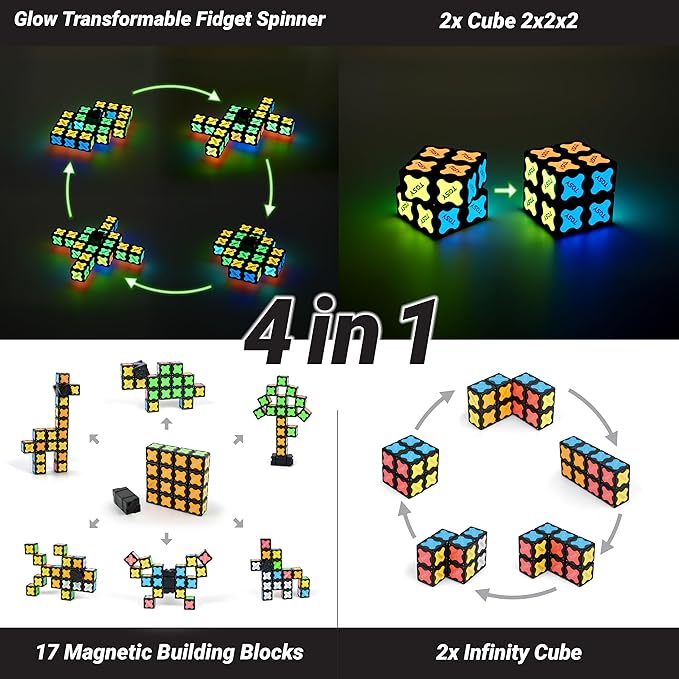 TOSY Magnet Fidget Spinner Glow - 16 blocks, 3in1 Toy: Transformable Fidget Spinner, Infinity/Puzzle Cube, Glowing, Christmas Stocking Stuffers Gift for Kids/Adults, STEM Sensory Stress Relief, 2-pack