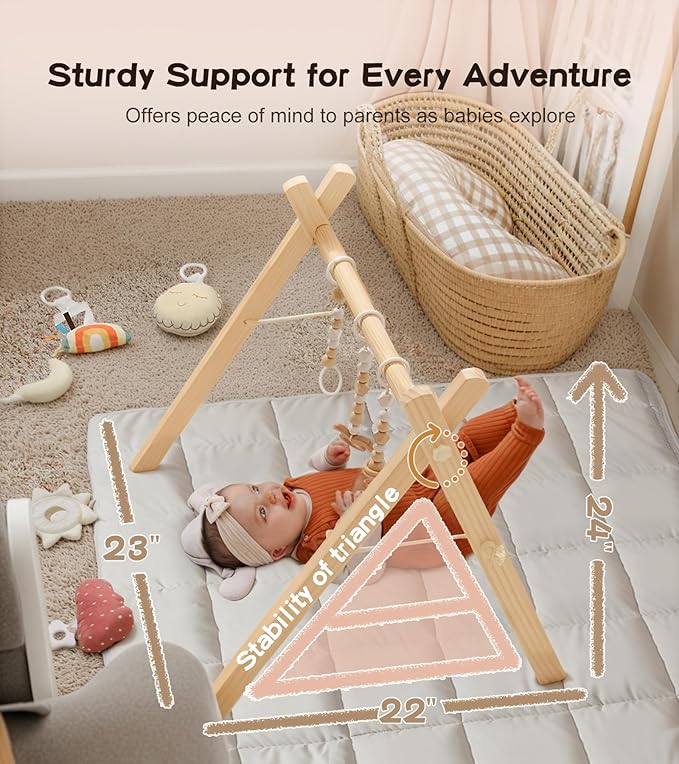 little dove Baby Gym with Mat, Wooden Play Gym with 9 Sensory Toys, Foldable Baby Play GymFrame Activity Center, Natural Pine Wood, Montessori Toys, Easy to Assemble & Clean, Natural Color