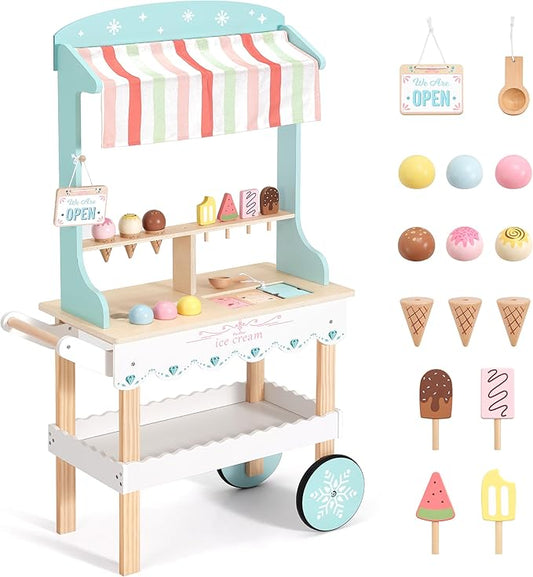 PairPear Large Wooden Ice Cream & Grocery Cart, 2 in 1 Pretend Play Ice Cream Truck Market Stand with 15 Play Food Pieces, Rolling Food Truck Toy for Kids Ages 3+