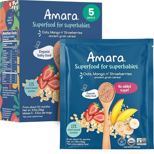 Amara Organic Baby Food - Stage 3 - Ancient Grain - Baby Cereal to Mix With Breastmilk, Water or Baby Formula - Shelf Stable Baby Food Made from Organic Fruit & Veggies - 5 Pouches, 3.5oz Per Serving