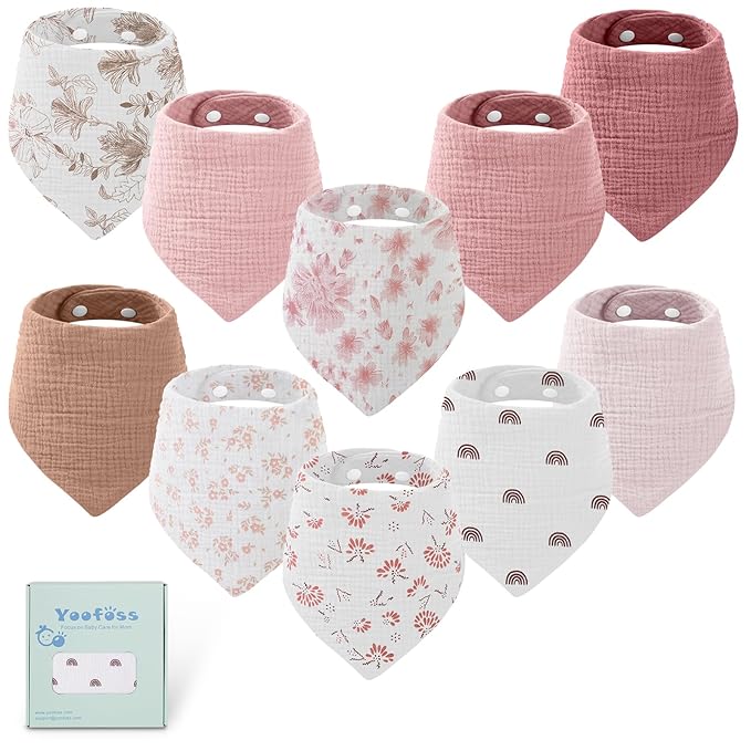 Yoofoss Muslin Baby Bibs 10 Pack 100% Organic Cotton 6-Layer Soft Absorbent Drool Bandana Baby Bibs for Drooling and Teething for Boys and Girls, Pink Flower