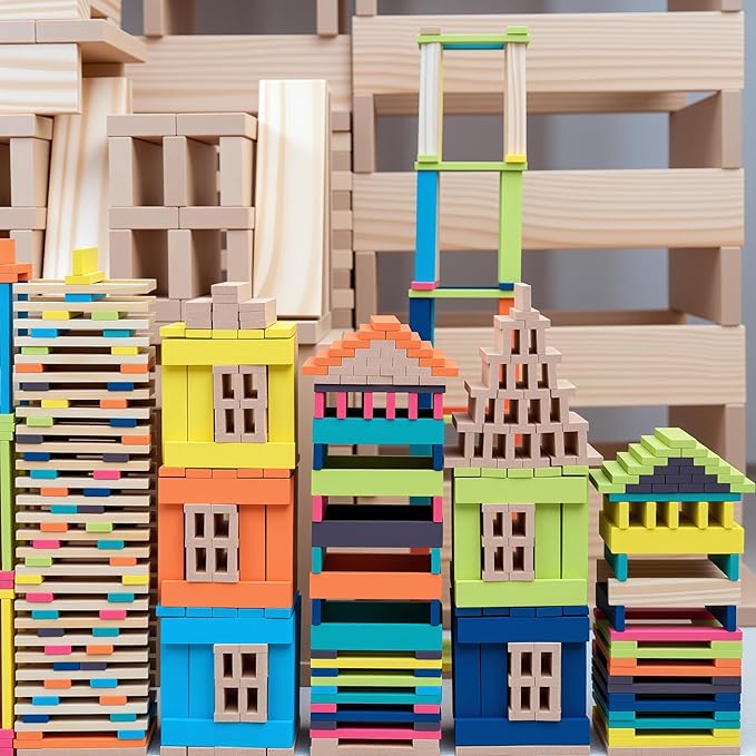 300pcs Open Ended Wooden Building Blocks for Kids 6.6lb, Natural Pine Rectangular Wood Building Toys，Construction Toys for Toddlers, STEM Building Set,Birthday Gift for Ages 3-8 (S 4.7"-Wood Color)