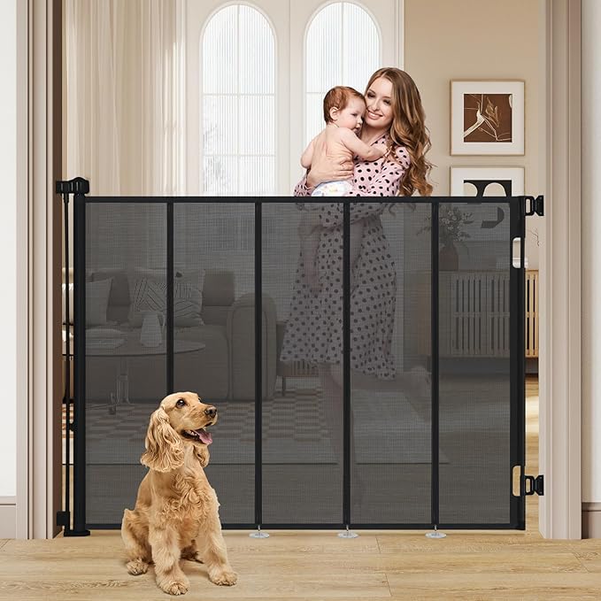 47” Extra Tall Retractable Baby Gate, Reinforced Mesh Dog Gate Extends to 59" Wide, Baby Gate for Stairs, Doorways, Hallways, Indoor and Outdoor, Black
