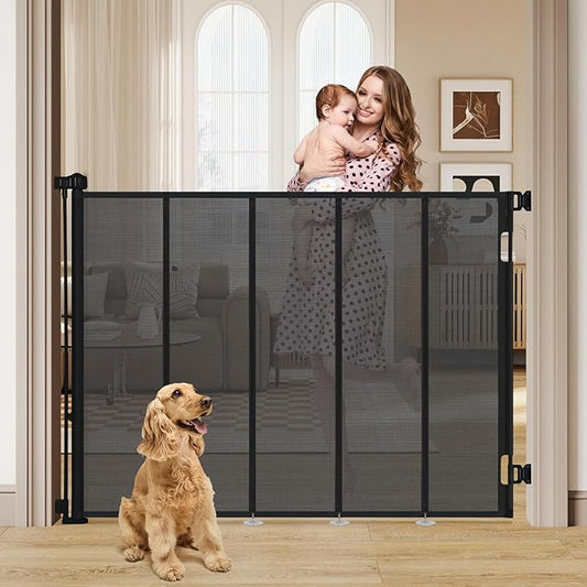 47” Extra Tall Retractable Baby Gate, Reinforced Mesh Dog Gate Extends to 59" Wide, Baby Gate for Stairs, Doorways, Hallways, Indoor and Outdoor, Black