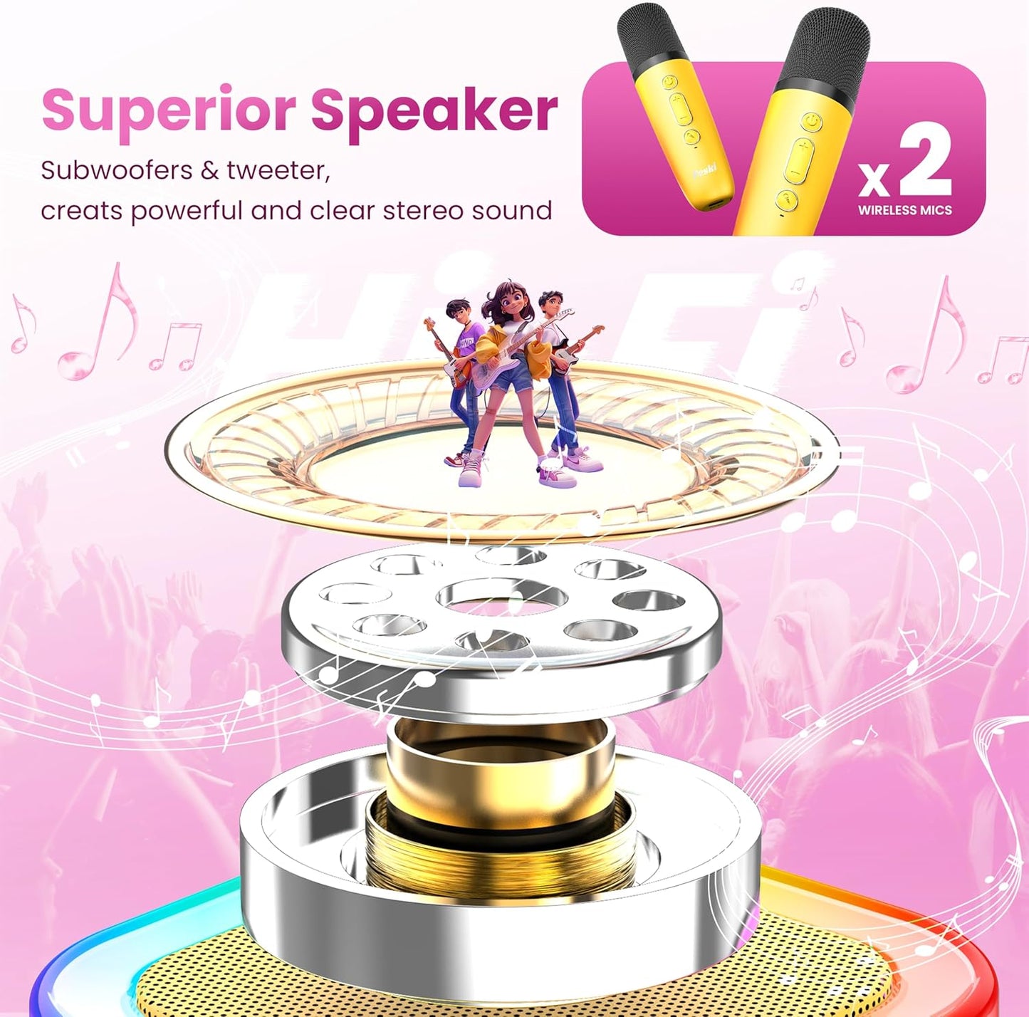 Karaoke Machine for Kids Adults, Portable Bluetooth Mini Karaoke Microphone Singing Speaker Karaoke Player with 2 Wireless Mic,Kids for All Smartphones,Birthday, Family,Home Party(Yellow)