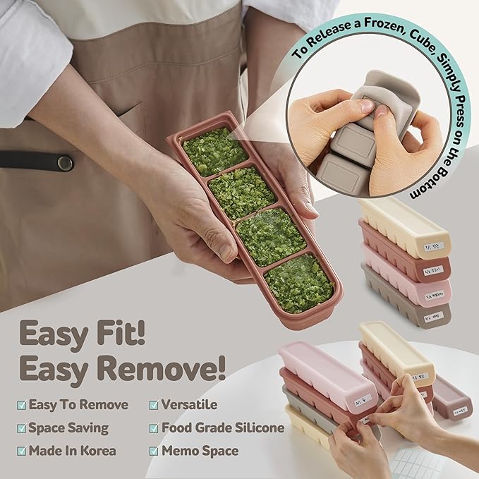 4 Section-1.7oz Gray 100% Food Grade Silicone Ice Cube Tray Food Container with Airtight Locking Lid, Fruit Vegetable Purees, Breastmilk Storage for Baby & Toddler Food | BPA Free Korea Made