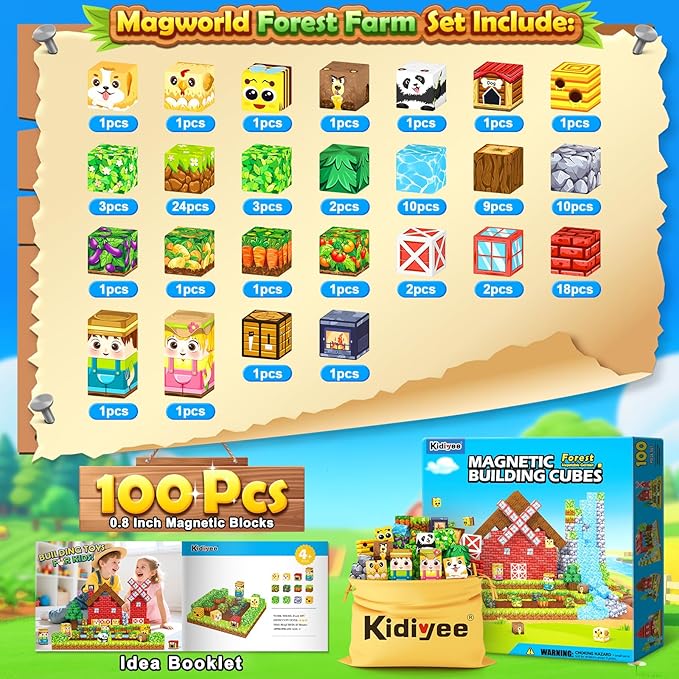 Magnetic Blocks, Build Mine Magnet World Forest Farm Edition, Magnetic Building Blocks for Kids Ages 4-6 6-8 8-12, Sensory STEM Toys for Boys & Girls