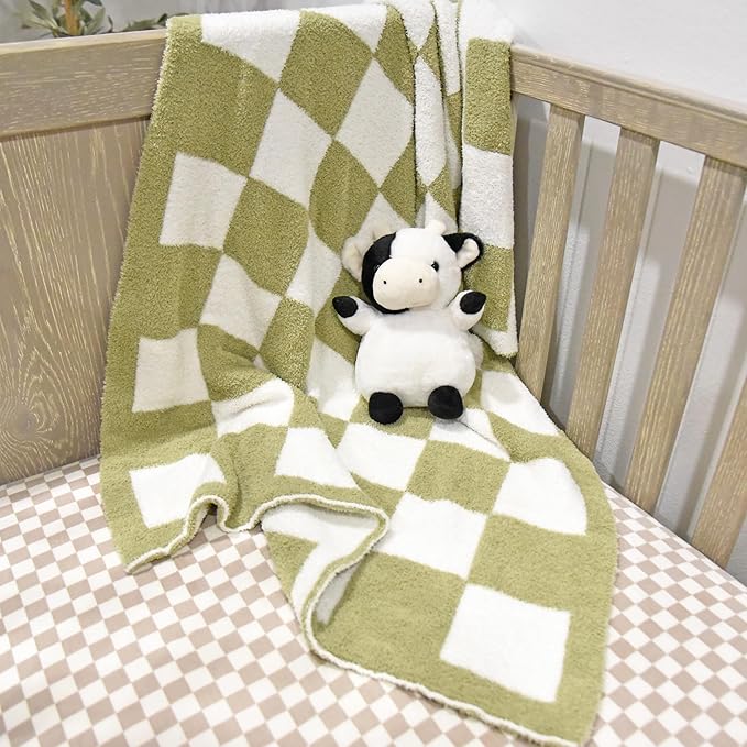 Checkered Baby Blanket 28"x40" - DreamSoft Knit Throw for Crib, Stroller or Car Seat - Soft Receiving Blanket/Newborn Nursery Gift Essential for Toddler, Infant, Kids, Boys & Girls (Sage Green/White)