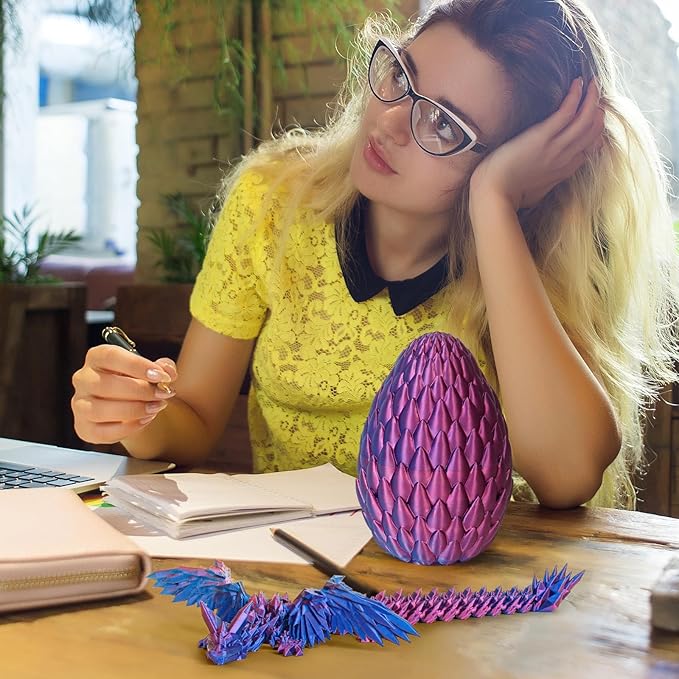 3D Printed Dragon Eggs with Articulated Fly Dragon Inside, Collectible Figurines Fidget Toy for Adults Kids Birthday Easter Christmas White Elephant Gifts for Friends Colleagues(Purple, M size)
