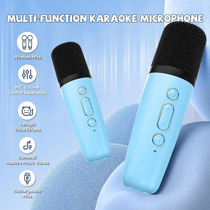 【2025 Newest】 Mini Karaoke Machine for Kids Girls & Boys - Portable Bluetooth Speaker with 2 Wireless Microphones - Kids Birthday Gifts for Ages 4-10 - Kids' Instrument Accessories - Blue