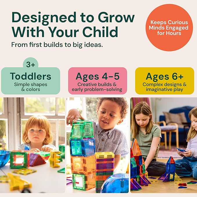 PLAYVIBE Magnetic Tiles - 60 Piece Set, Multicolor - Hands-On STEM Play & Stem Toys - Strong Magnets & Magnetic Tile Blocks - Sensory Toys & Car Creations