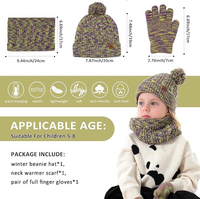 Kids Toddlers Winter Beanie Hats Gloves Neck Scarf Set Mittens Gifts for 0 6 12 Months 1 2 3 4-8 Year Old Baby Girls Boys