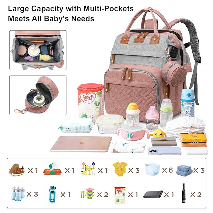 Diaper Bag Backpack Baby Diaper Bag Multifunctional Waterproof Diaper Bag with Changing Station Travel Backpack with Changing Pad, Baby Baby Pacifier Case & Stroller Straps(PinkGrey)