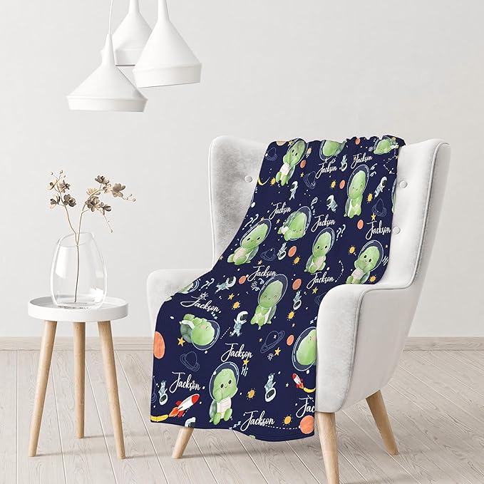 Personalized Custom Baby Blanket with Name - Astronaut Turtle Swaddle Blanket for Toddlers Infants Kids Shower Newborns Nursery Stroller Crib Decor Throw Birthday Gift