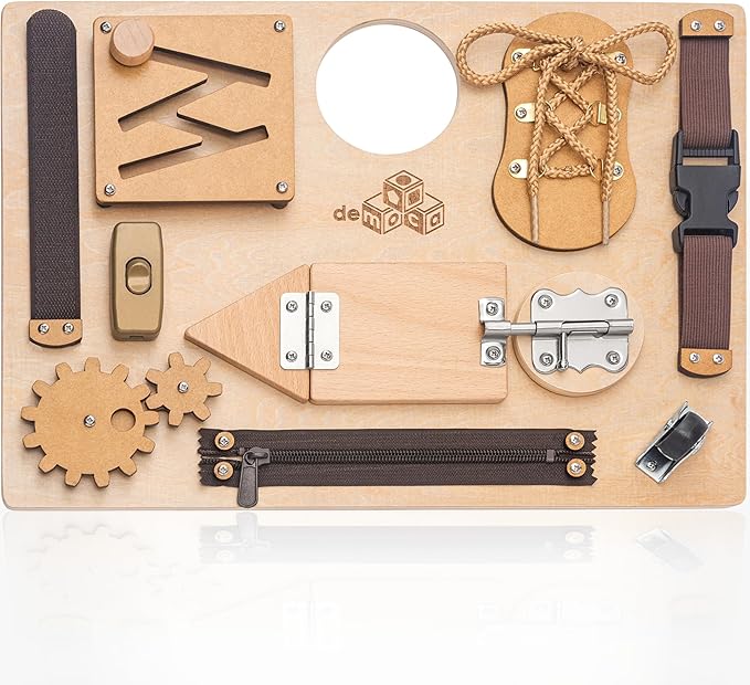 deMoca Sensory Busy Board for Toddlers, Premium Wooden Toddler Busy Board for 1 2 3 Year Old with 10 Educational Activities for Fine Motor Skills, Fidget Activity Toy for Travel Toy (Nature - Large)