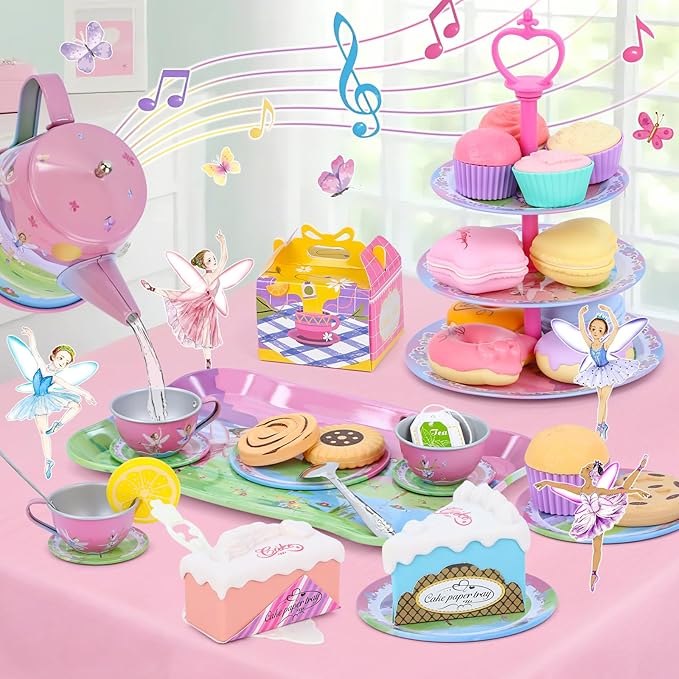 Tea Party Set for Toddles 3-5,53PCS Musical Kids Tea Set for Little Girls with Dessert,Cookies,Doughnut,Cake,Cake Stand,Tablecloth & Carrying Case,Kitchen Pretend Play Toys for Girls Boys Age 3-6