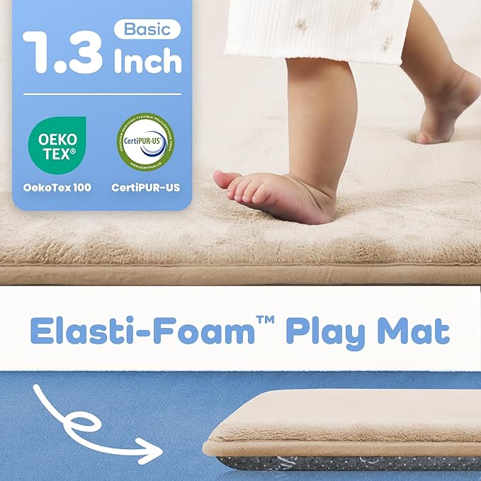 1.3" Thick Baby Bedside Floor Mat for Bedroom, Basic Padded Foam Soft Plush 2x6 Runner Rug with Non Slip Cushioned for Nursery Playroom (Beige)