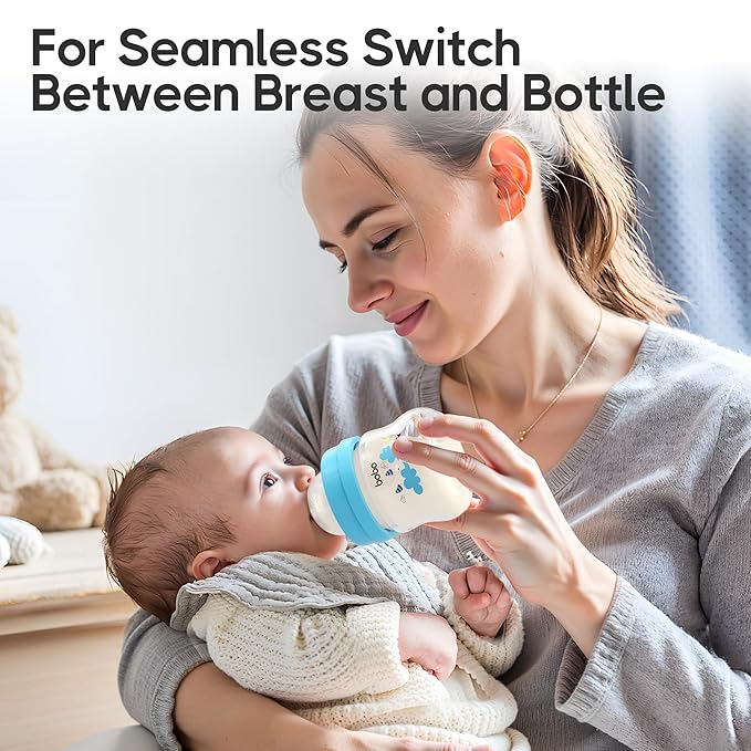 YOHKOH Glass Baby Bottles with Slow Flow Nipple, Newborn Anti-Colic Baby Bottles for 0+ Months, Wide Neck Feeding Bottle, Clear (Blue, 2.7oz (Pack of 4))