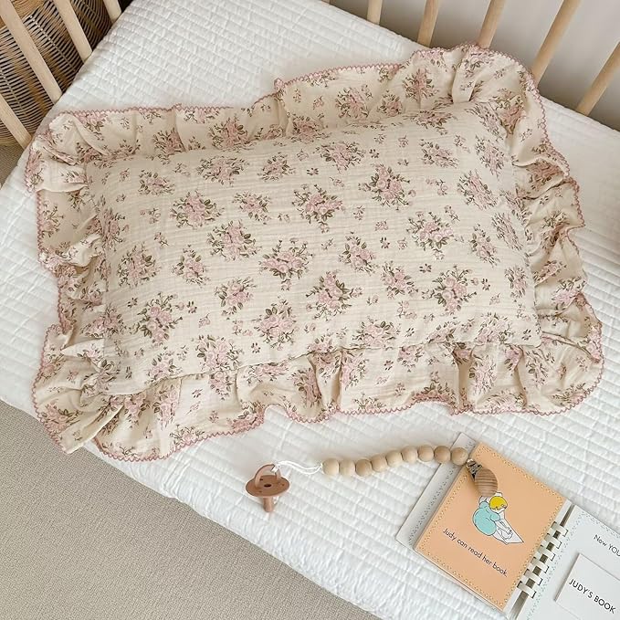BuLuTu Muslin Cotton Toddler Pillowcases 14"x20", Shabby Chic Pink Floral Kids Pillow Cases Fit Toddler Pillow Sized 13"x18" Soft Children Pillow Covers for Girls Boys, Envelope Closure