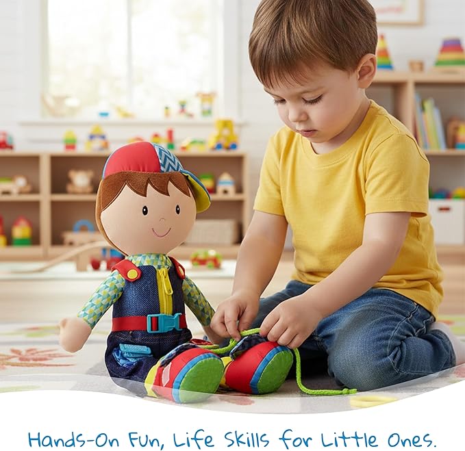 June Garden 15.5" Dressy Friends Lucas - Educational Stuffed Plush Doll for Kids and Toddlers 2 Years and Up - Montessori Buckle Soft Toy