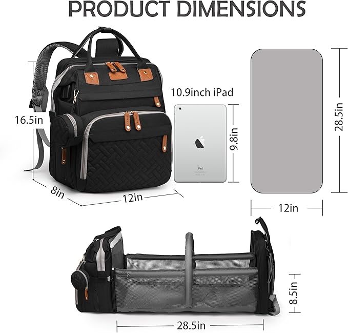 Diaper Bag with Changing Station, Multifunction Travel Baby Bag, Waterproof Baby Tote, Large Capacity Mommy Bag, Newborn Essentials Backpack Bag, Unisex, Black