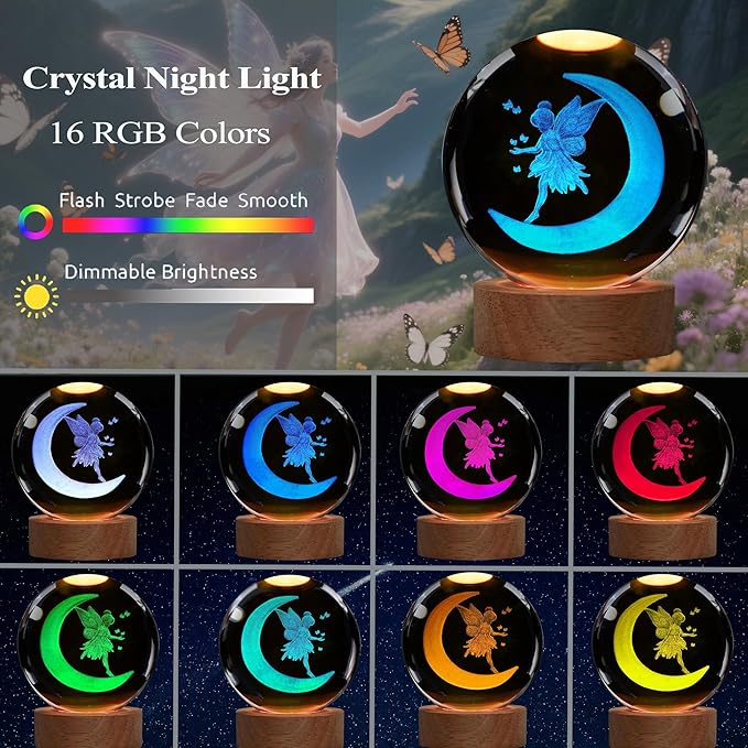 Moon Fairy Night Light, Tooth Fairy Gifts, K9 3.15 Inch (80mm) Crystal Ball Lamp with 16 Colors Remote Upgraded Lamp for Birthday Xmas Cool Fairygirl Figurines Gifts for Room Decor Boys Girls