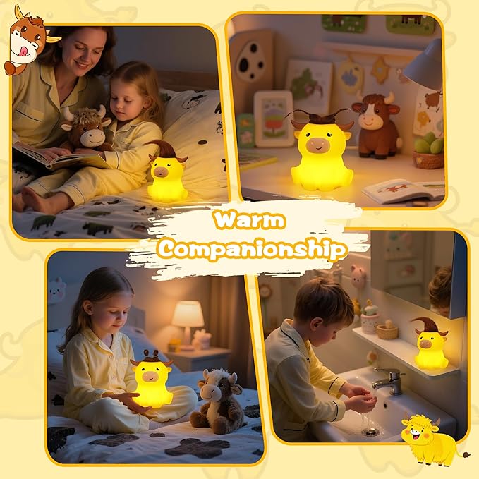 Highland Cow Night Light, Cute Animal Silicone Touch Cow Lamp, Highland Cow Gifts for Boys Girls Women Christmas, Dimmable Soft Glow Bedside Lamp for Nursery Bedroom Decor