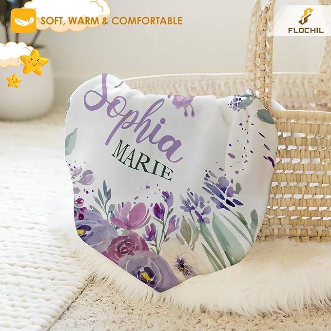 FLOCHIL Personalized Baby Blankets, Custom Baby Blanket - Baby Blanket with Name for Girls, Best Gift for Baby, Newborn Floral Plush Fleece (30x40)