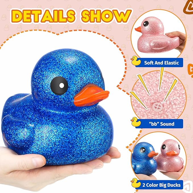 Honoson 2 Pcs 6.89 Inch Giant Glitter Rubber Ducks Big Sparkly Rubber Ducks Jumbo Bathtub Toys with Squeaky Sound for Baby Shower Pool Activity Birthday Gift(Glitter,Blue, Pink)